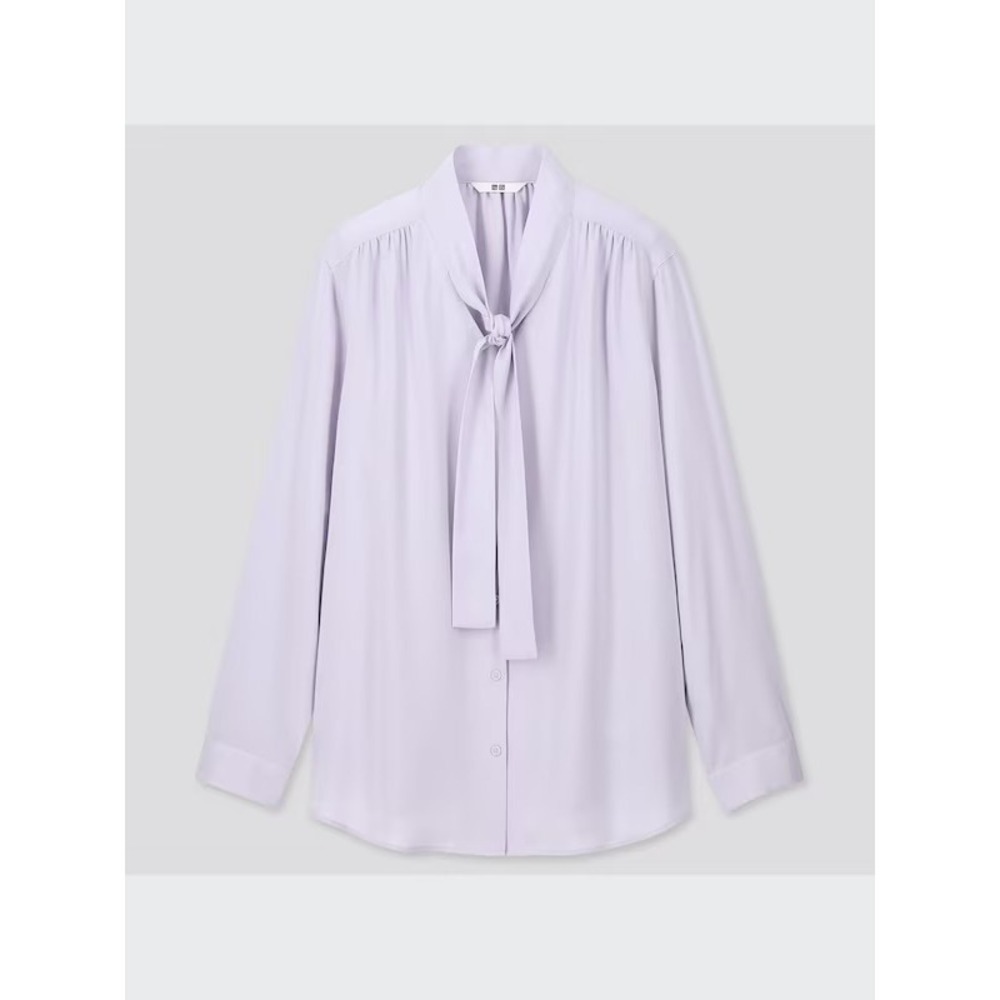 Uniqlo Lavender Purple Bow Tie Neck Long Sleeve Button Down Blouse Medium